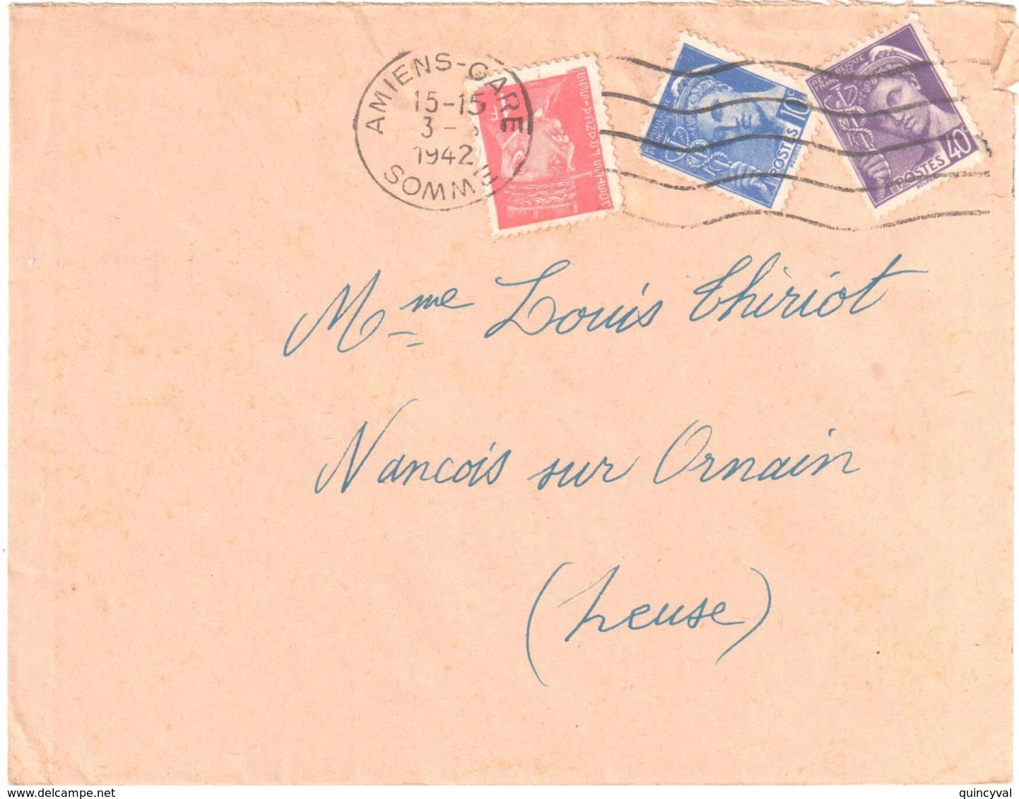 AMIENS-GARE Somme Lettre 1F Pétain 10c Bleu 40c Mercure Violet Yv 407 413 514 Ob 1942 - Lettres & Documents