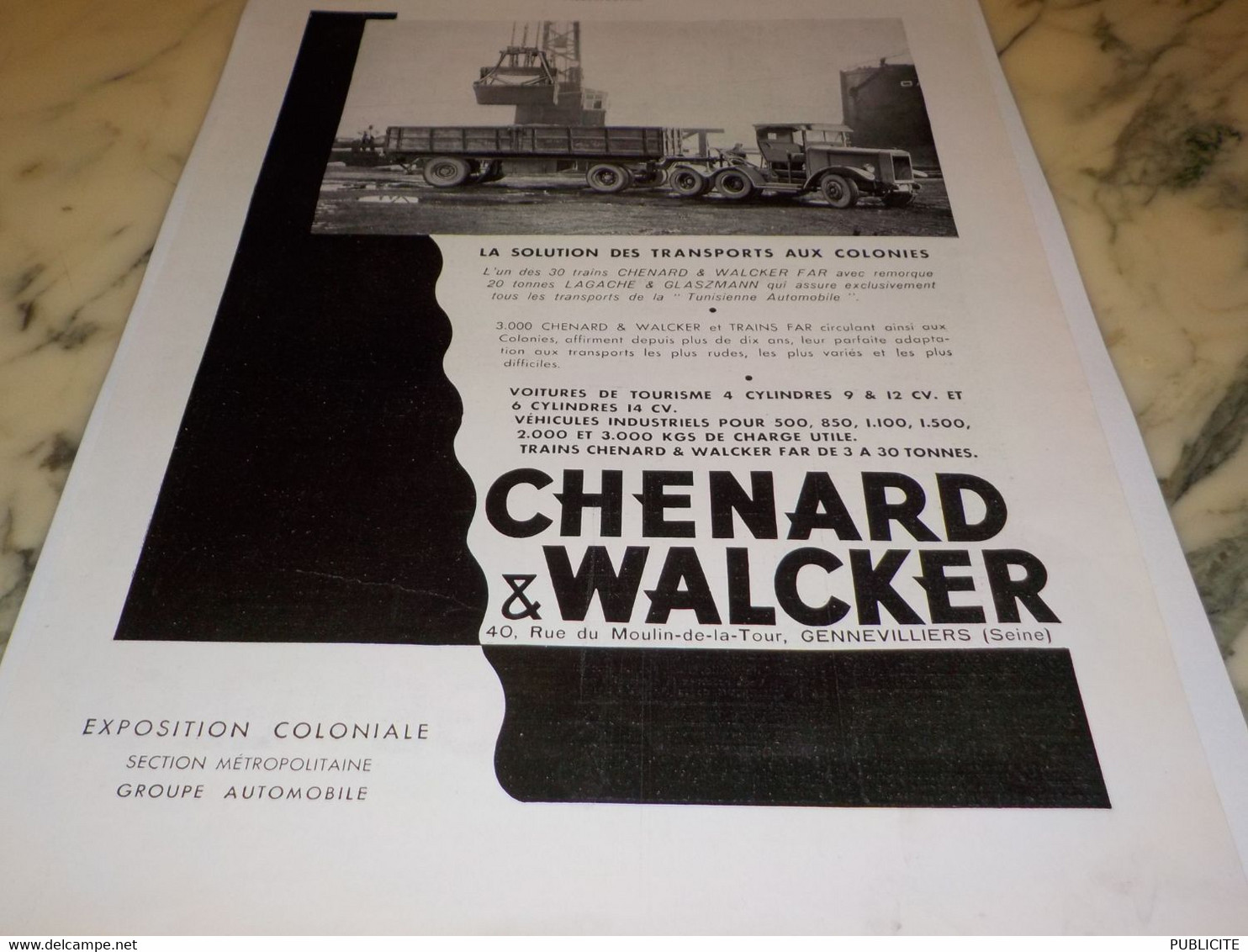 ANCIENNE PUBLICITE TRANSPORT AU COLONIES CHENARD & WALCKER  1931 - Camions