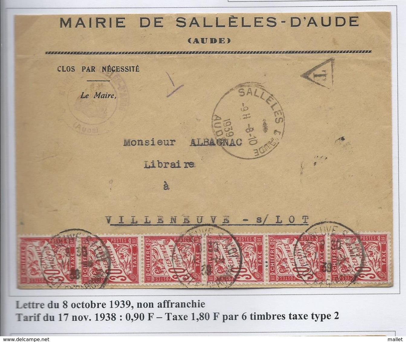 Lettre (1939) Non Affranchie Et Taxée à 1,80 Frs - Mairie De Sallèles-d'Aude à Villeneuve Sur Lot - 1859-1959 Briefe & Dokumente