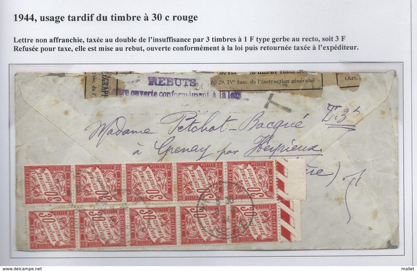 Usage Tardif (1944) Du Taxe 30 Cts Rouge - Voir Explications Sur Le Scan - Lettre Mise Au Rebut - 1859-1959 Briefe & Dokumente