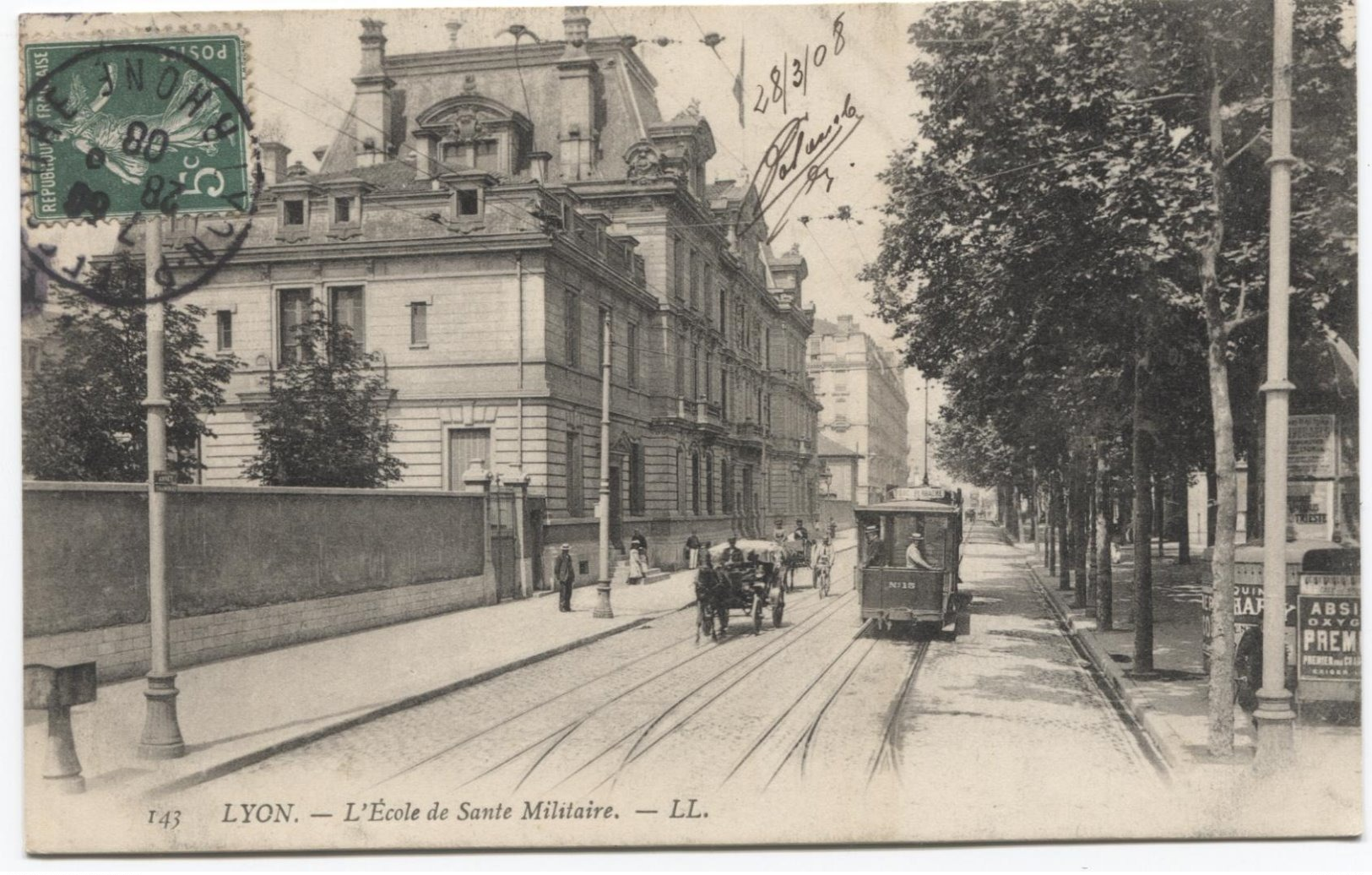 1908 Lyon - Ecole De Sante Militaire - Tram  - Ed LL 143 - Ref PKF 21 - Autres & Non Classés