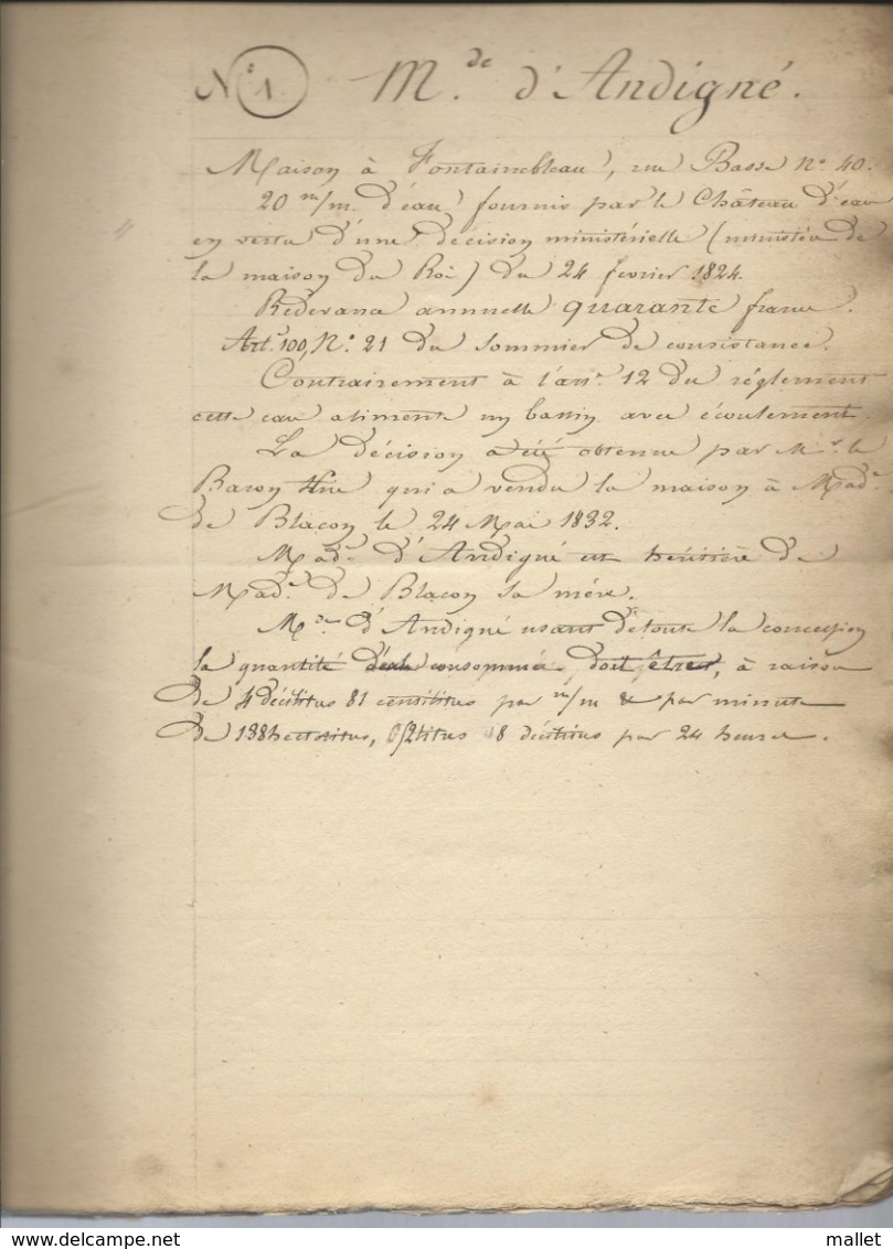 Liste Des Concessions Accordées Sur Les Aqueducs Qui Alimentent Le Château De Fontainebleau (voir Description) - Historical Documents