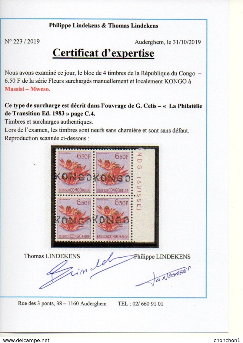 CONGO -surcharge KONGO De MASSISI-MWESO Sur 6.50F Fleurs - XX - MNH - Certificat - RRR - UN7 - Katanga