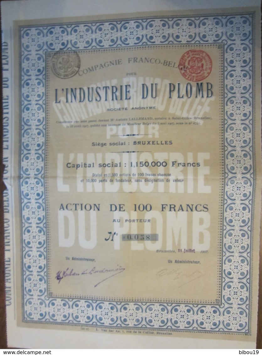 COMPAGNIE FRANCO BELGE POUR L INDUSTRIE DU PLOMB ACTION DE 100 FRANCS 1907 - A - C