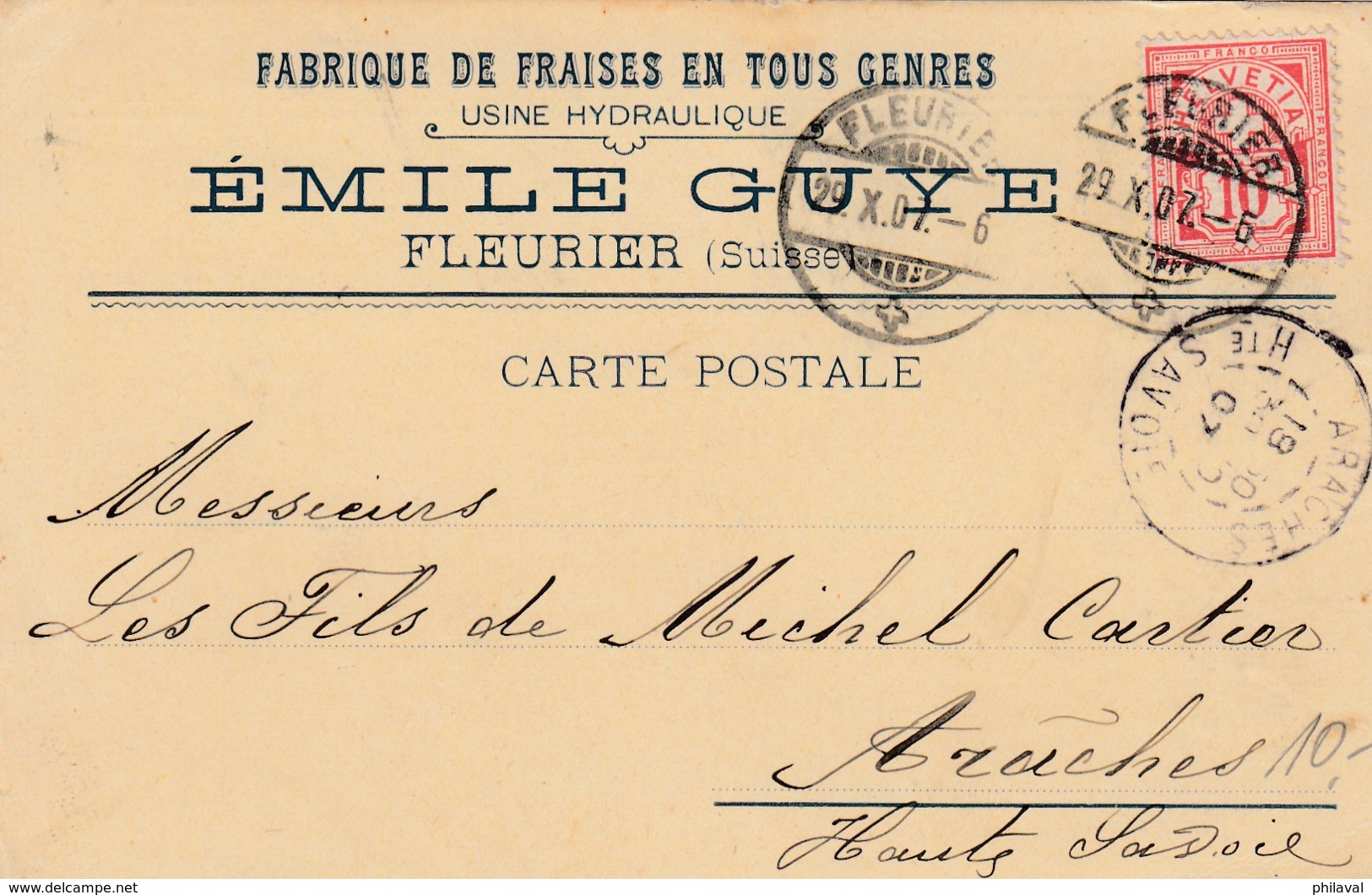 Carte Correspondance De La Fabrique De Fraises En Tout Genres Emile Guye à Fleurier - 29.X.07 - Briefe U. Dokumente