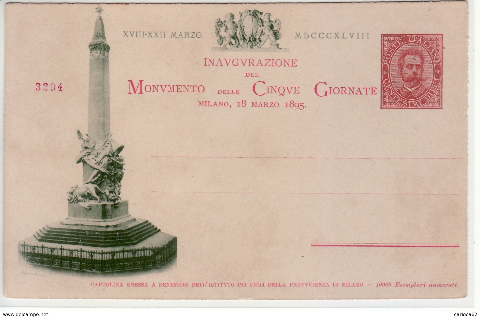 1895 - CARTOLINA POSTALE " CINQUE GIORNATE DI MILANO " NUOVA VEDI++++ - Postwaardestukken