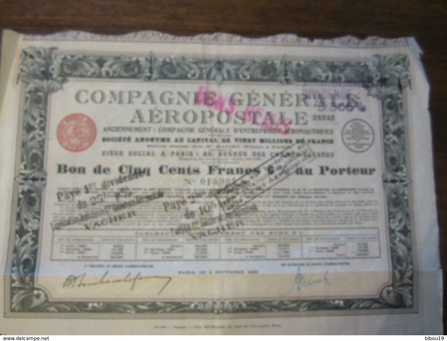 COMPAGNIE GENERALE AEROPOSTALE BON DE 500 FRANCS AU PORTEUR 1928 - A - C