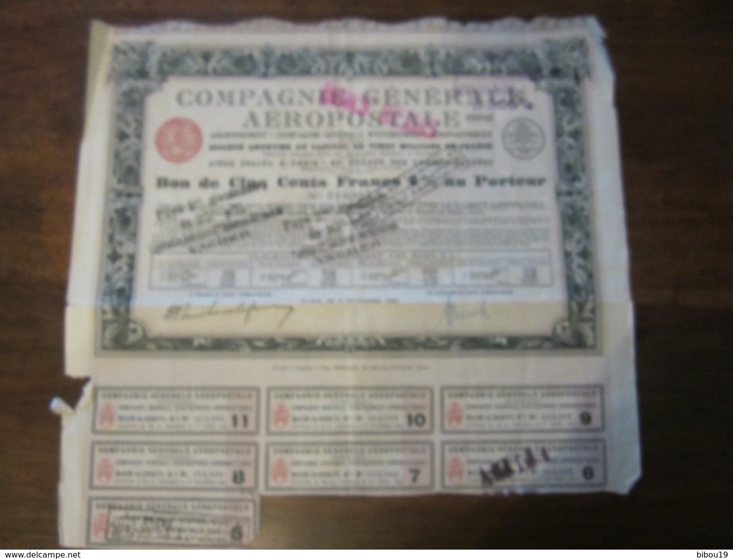 COMPAGNIE GENERALE AEROPOSTALE BON DE 500 FRANCS AU PORTEUR 1928 - A - C