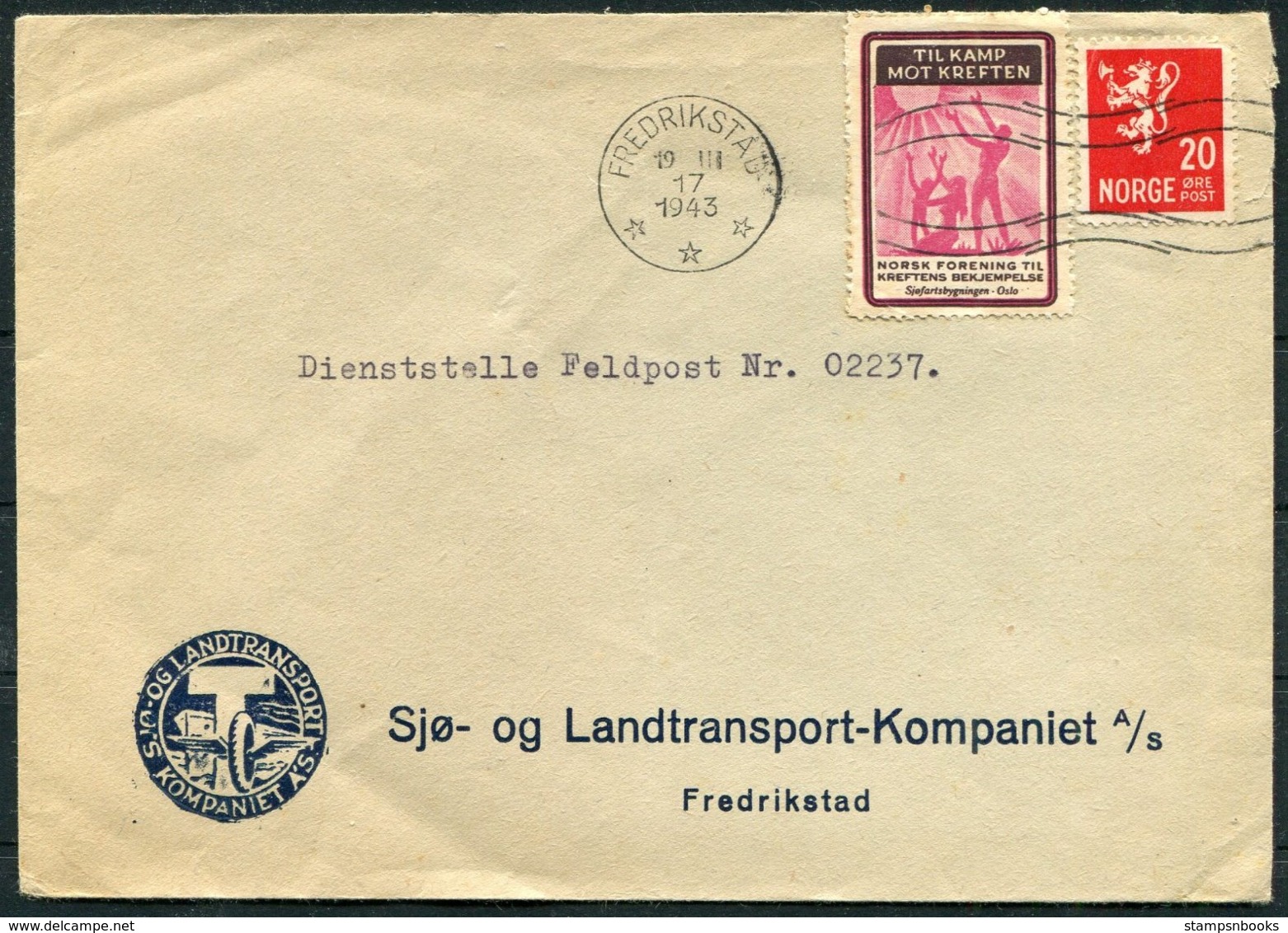 1943 Norway Fredrikstad Cover "Til Kamp Mot Kreften" Charity Vignette  - Feldpost 02237 Fieldpost - Covers & Documents