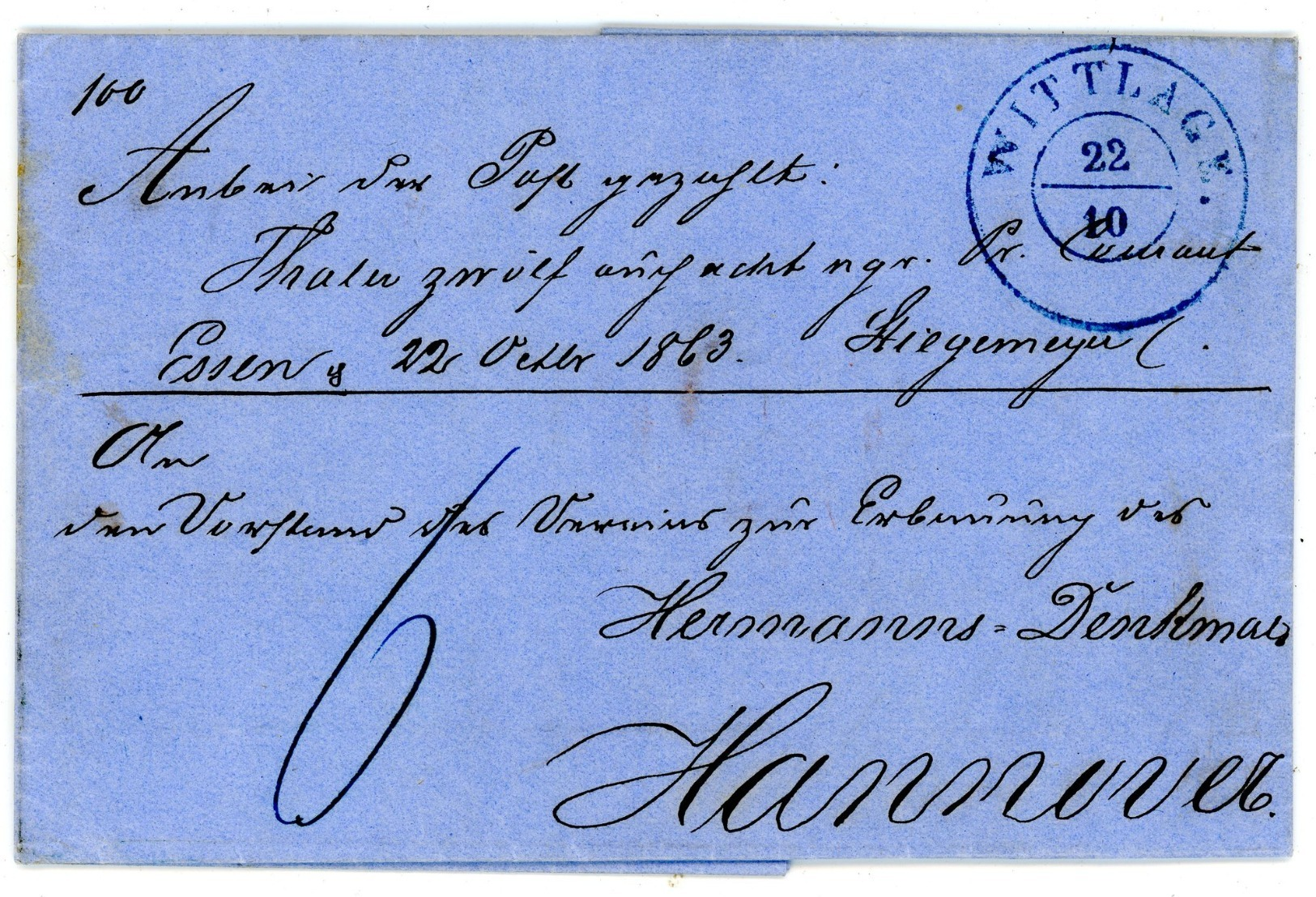 "WITTLAGE" 1863 Glasklarer K 2 Geldbrief Nach Hannover Wg. Spende Für Hermann Denkmal - Hanover