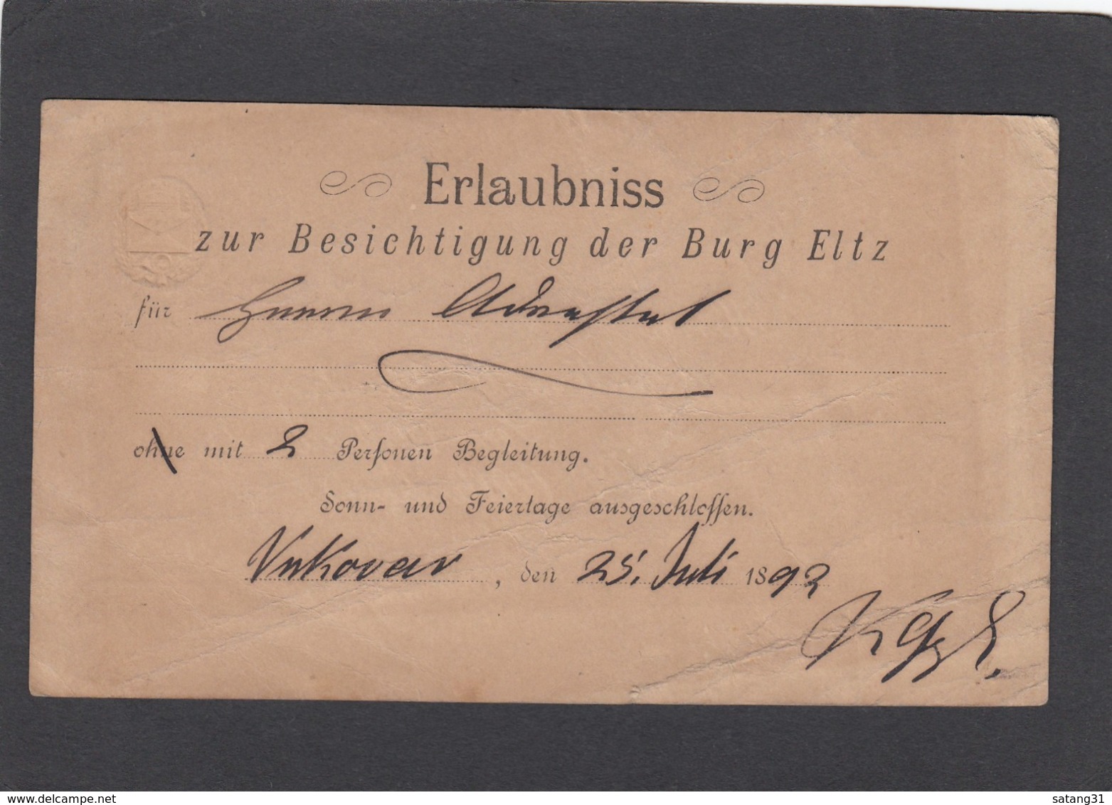 ERLAUBNISS ZUR BESICHTIGUNG DER BURG ELTZ. STEMPEL "VUKOVAR". - Postal Stationery