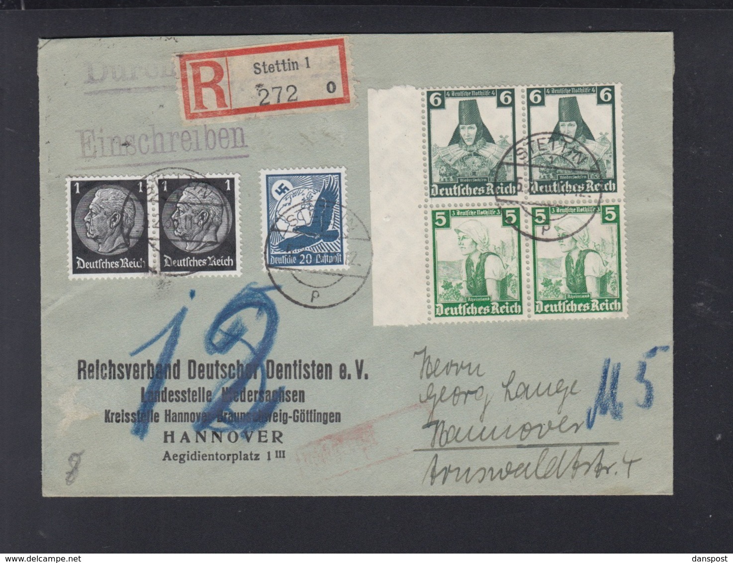 Dt. Reich ZD Auf R-Brief 1936 Stettin Nach Hannover - Briefe U. Dokumente