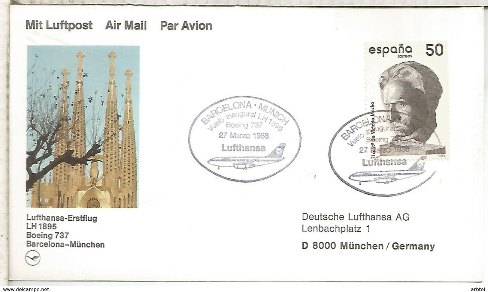 PRIMER VUELO BARCELONA MUNICH LUFTHANSA 1988 BOEING 737 - Cartas & Documentos