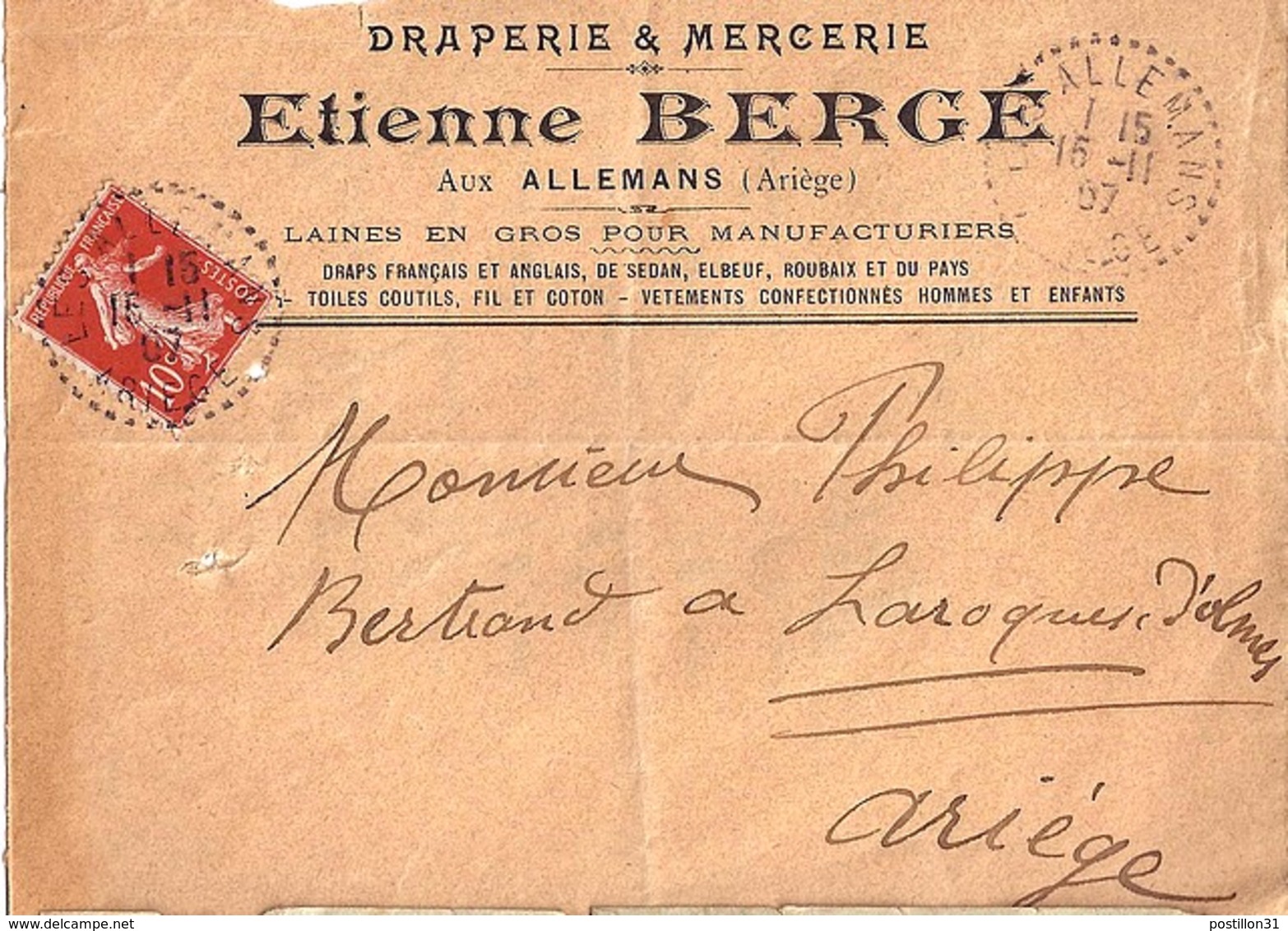 09 - ARIEGE - ALLEMANS  TàD DE TYPE B4 / 1907 + ENTETE  SUR DEVANT - Cachets Manuels