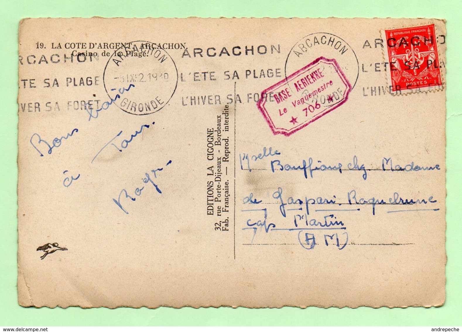 CACHET - "BASE AERIENNE 706 - Le Vaguemestre"  Sur CP ARCACHON 1952 - - Military Postmarks From 1900 (out Of Wars Periods)