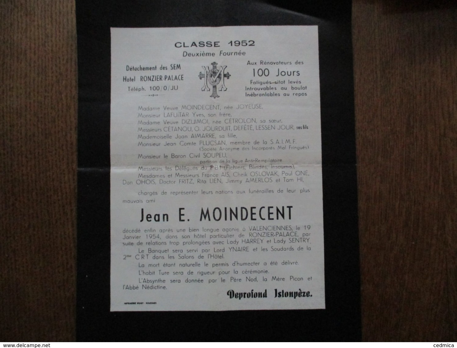 JEAN E. MOINDECENT CLASSE 1952 DEUXIEME FOURNEE DETACHEMENT DES SEM HOTEL RONZIER-PALACE - Dokumente