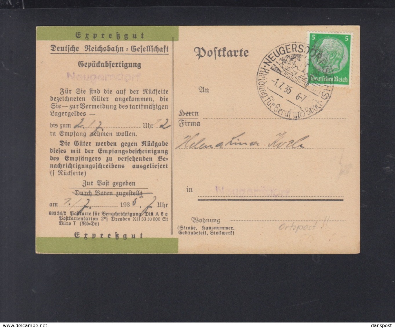 Dt. Reich Expresgut PK 1935 Neugersdorf - Cartas & Documentos