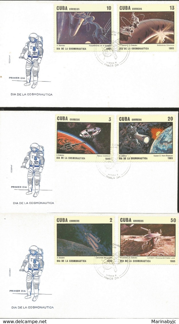 J) 1985 CARIBE, COSMONAUTICAL DAY, SATELLITE, SPACE, MOON, MULTIPLE STAMPS, SET OF 3 FDC - Other & Unclassified