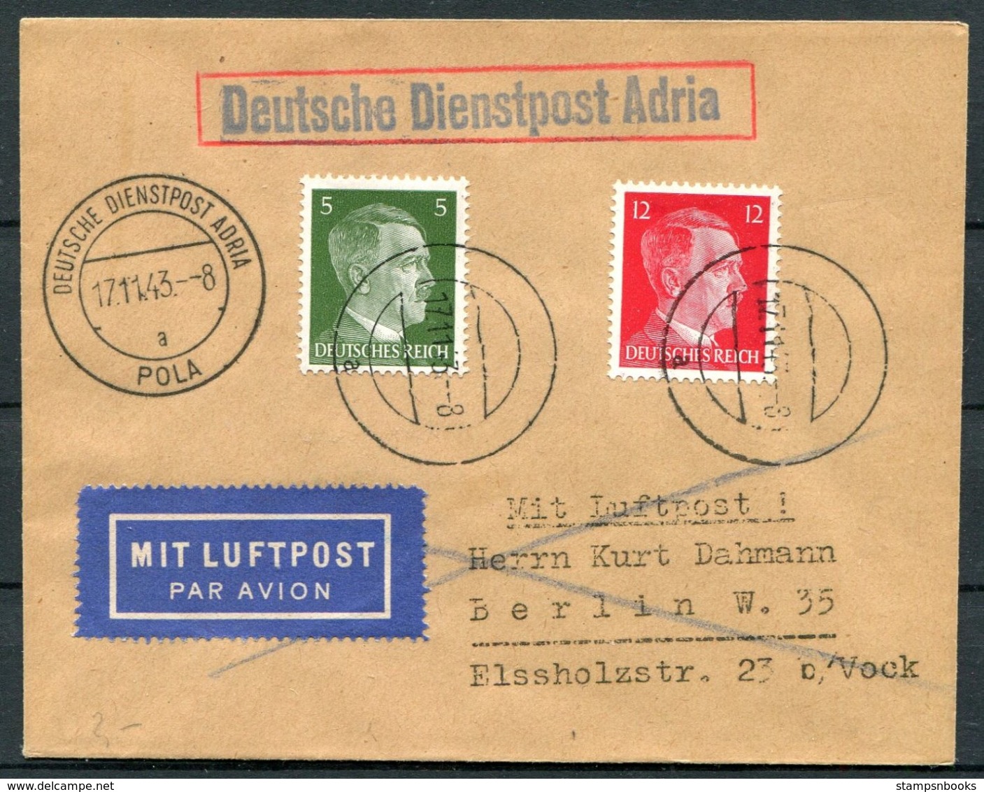 1943 Germany Deutsche Dienstpost Adria Pola Airmail Cover - Berlin - Covers & Documents