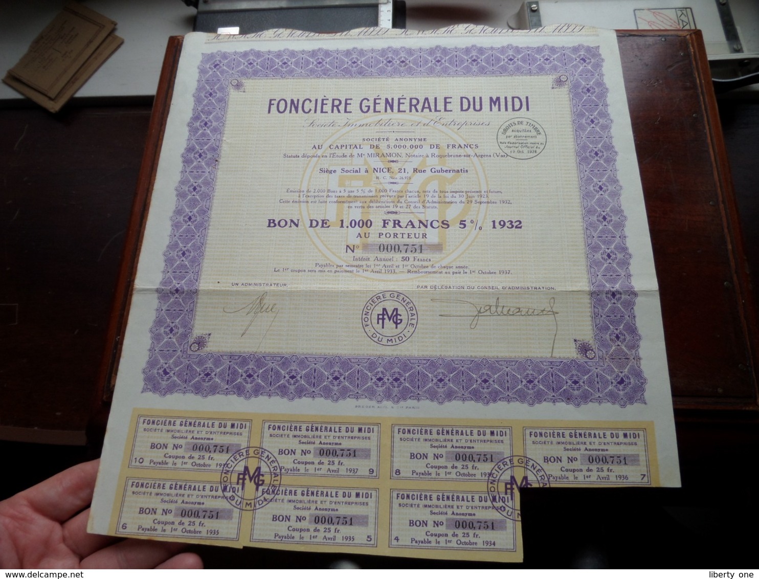 Foncière Générale Du MIDI / Bon De 1.000 Francs 5% 1932 - N° 000,751 ( Zie/Voir Foto ) ! - D - F