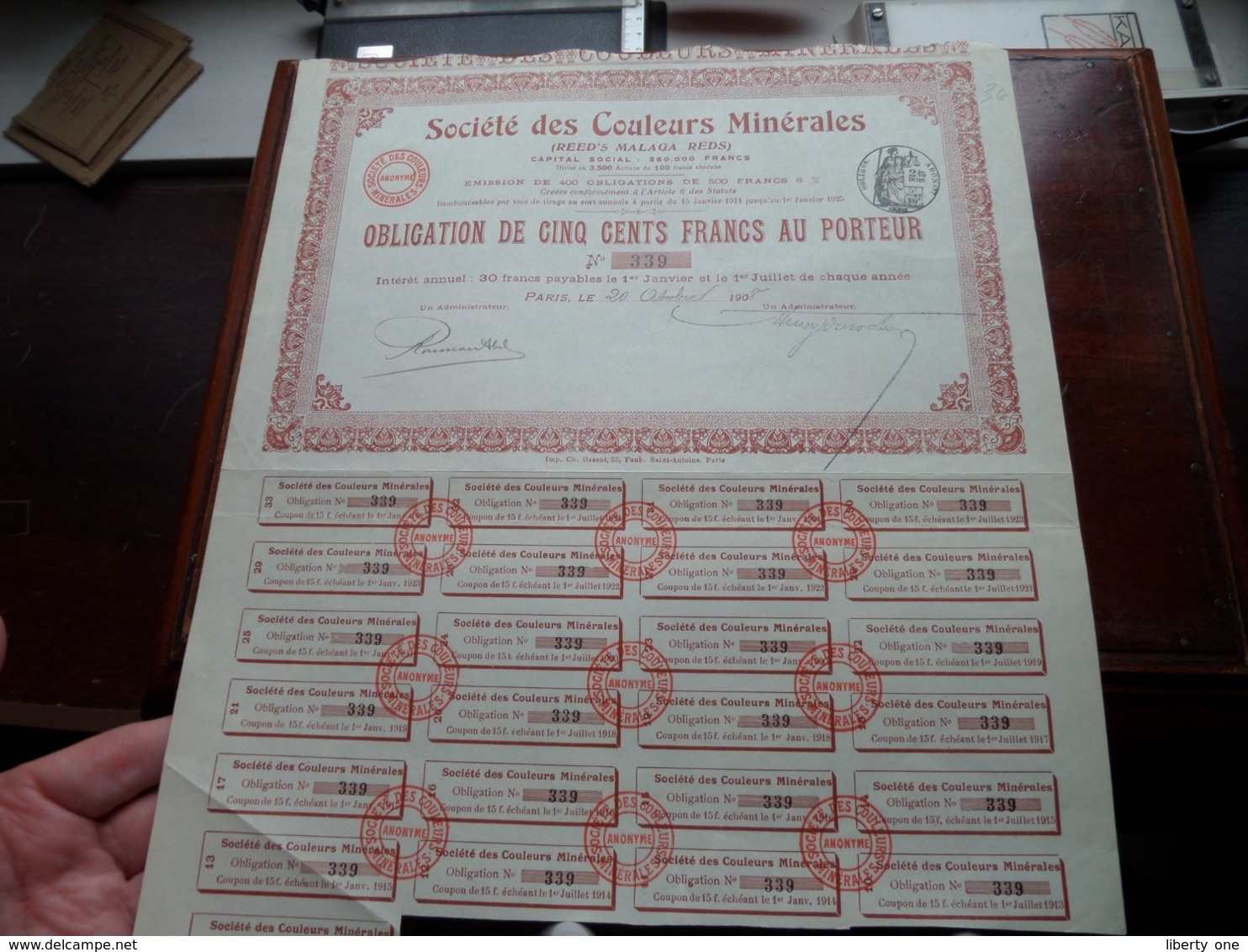 Soc. Des Couleurs Minérales / Obligation De Cinq Cents Francs Au Porteur - N° 339 ( Zie/Voir Foto ) ! - Mijnen