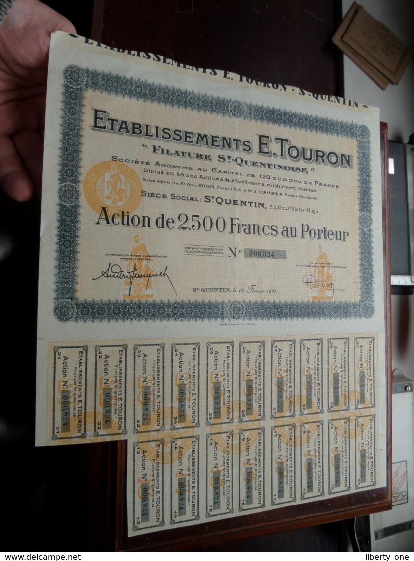 Ets. E. TOURON " Filature St. Quentinoise " / Action De 2.500 Francs Au Porteur - N° 000,824 ( Zie/Voir Foto ) ! - S - V