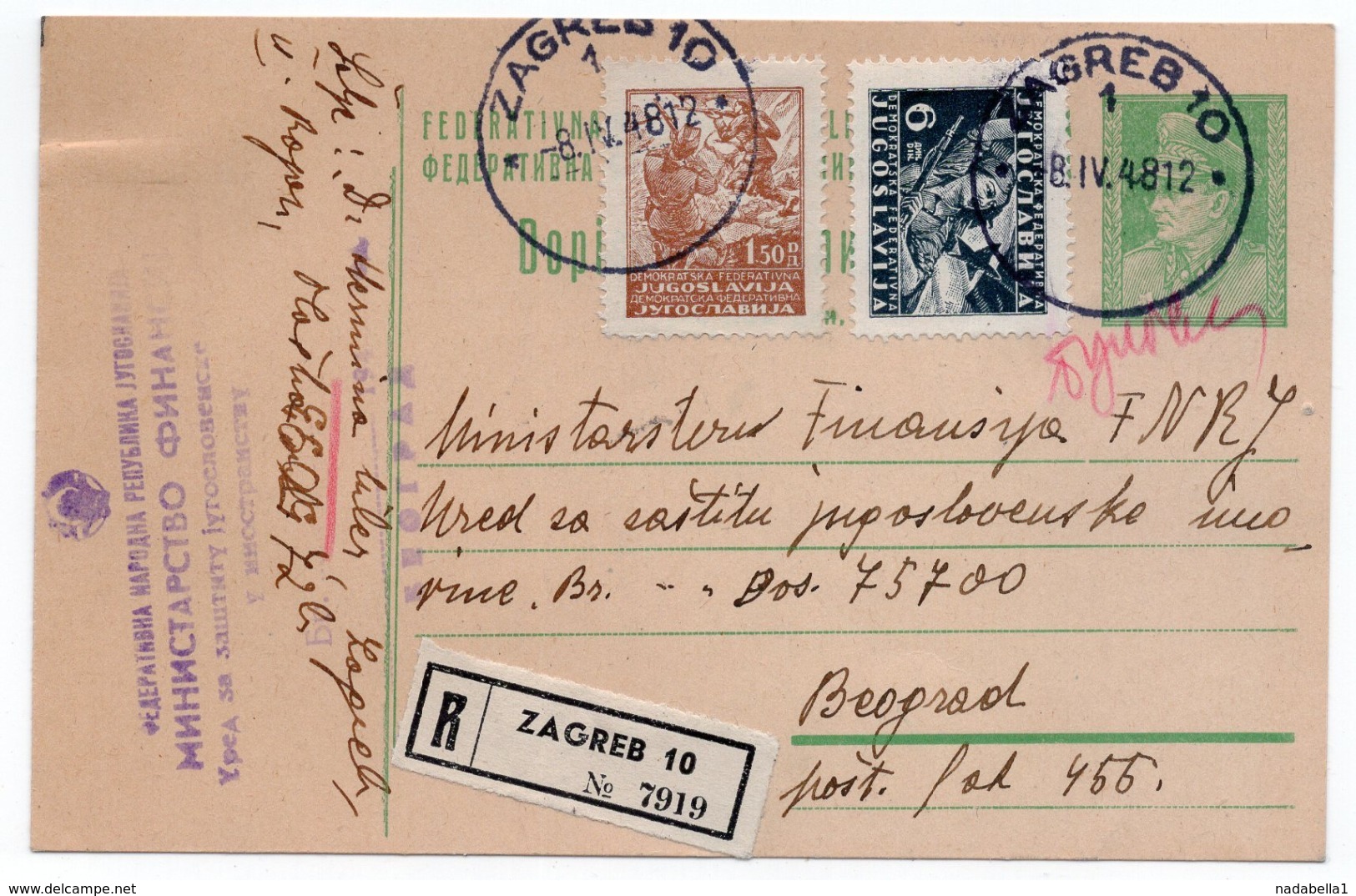 1948 YUGOSLAVIA, CROATIA, ZAGREB TO BELGRADE, REGISTERED MAIL, TITO, 1.5 DIN STAMP, STATIONERY CARD, USED - Entiers Postaux