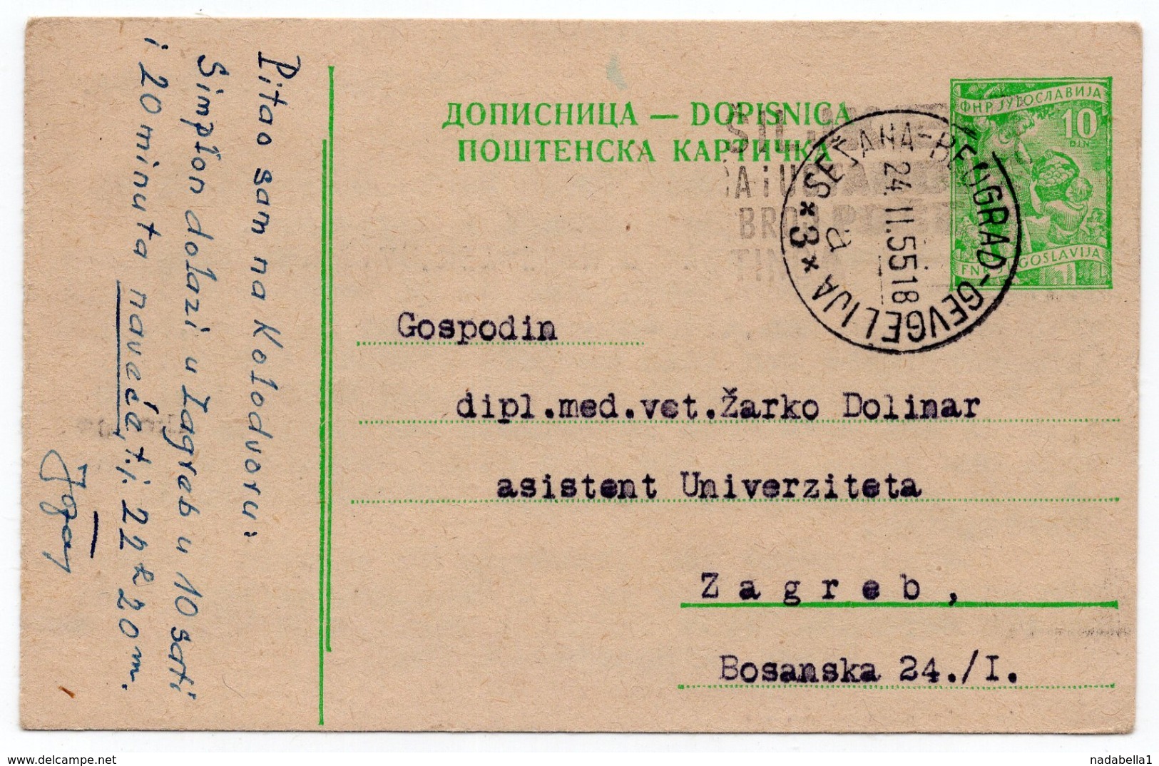 1955 YUGOSLAVIA, SLOVENIA, TPO 3 SEZANA-BEOGRAD-GEVGELIJA, STATIONERY CARD, USED - Postal Stationery