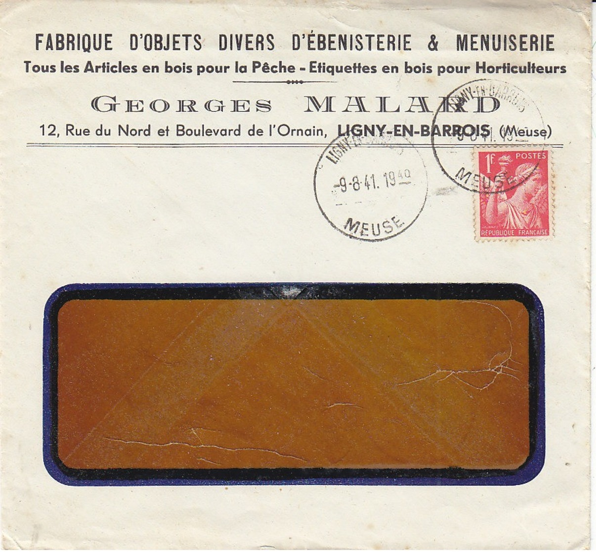 Georges Mallard ,menuiserie à Ligny En Barrois , Meuse , Enveloppe De 1941 - 1900 – 1949