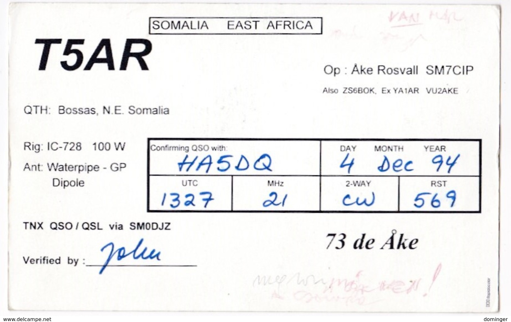 Radio Amateur QSL Card Somalia Africa - Radio Amateur