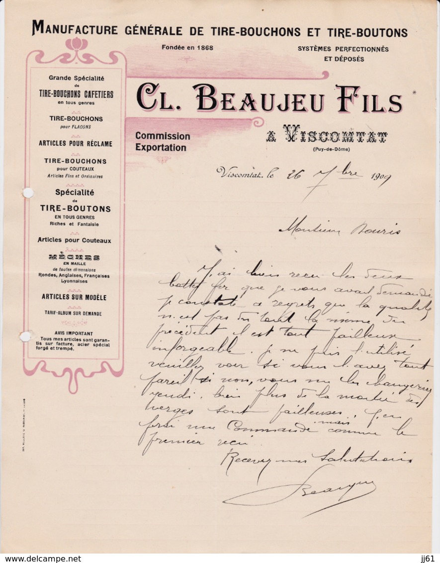 VISCOMTAT BEAUJEU MANUFACTURE DE TIRE BOUCHONS ET TIRE BOUTONS MECHES EN MAILLE ANNEE 1909 - Altri & Non Classificati