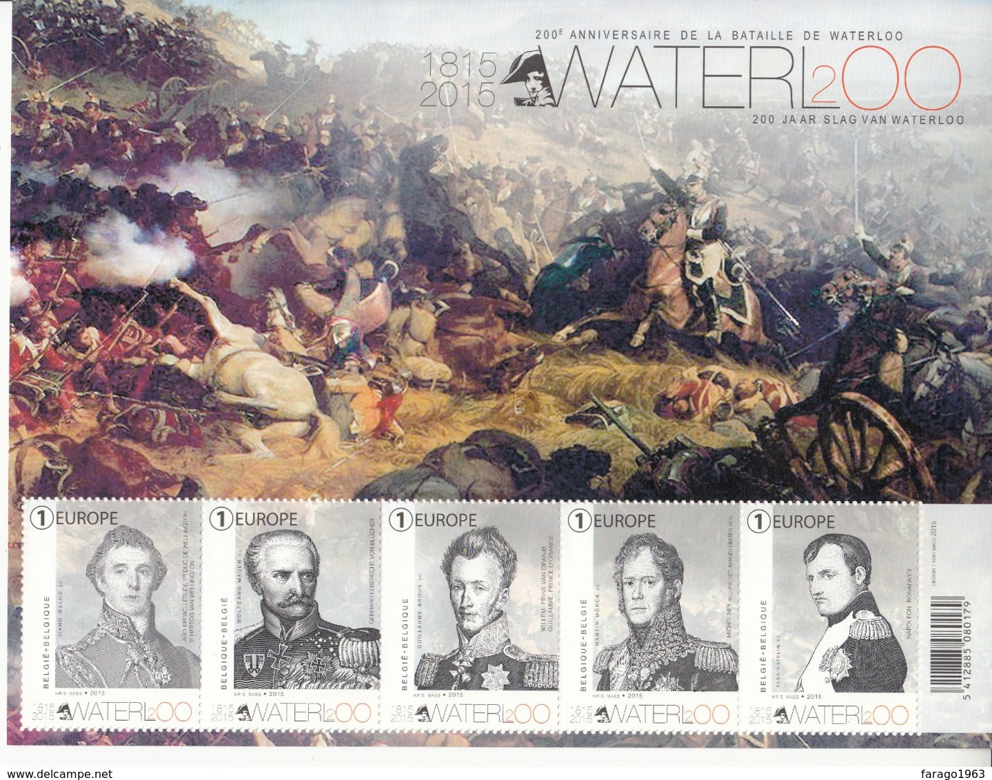 2015 Belgium Waterloo Napoleon  Miniature Sheet Of 5 MNH @ 80% Face Value - Militaria