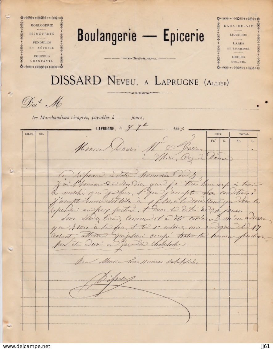 LAPRUGNE DISSARD NEVEU BOULANGERIE EPICERIE HORLOGERIE BIJOUTERIE COUCOUS CHANTANTS EAUX DE VIE HUILES LARDS ANNEE 1885 - Other & Unclassified