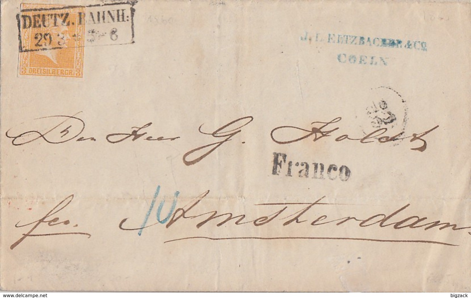 Preussen Brief EF Minr.12 R2 Deutz. Bahnh. 29.3. Franco-Stempel Gel. Nach Amsterdam - Sonstige & Ohne Zuordnung
