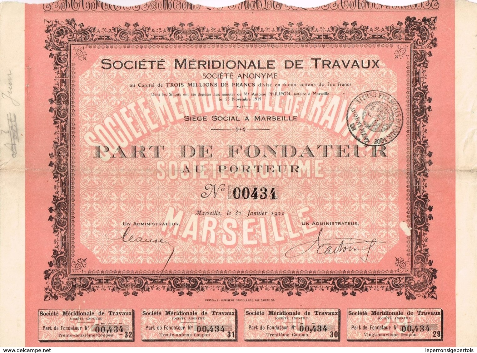 Titre Ancien - Société Méridionale Des Travaux - Société Anonyme  - Titre De 1920 - Industrie