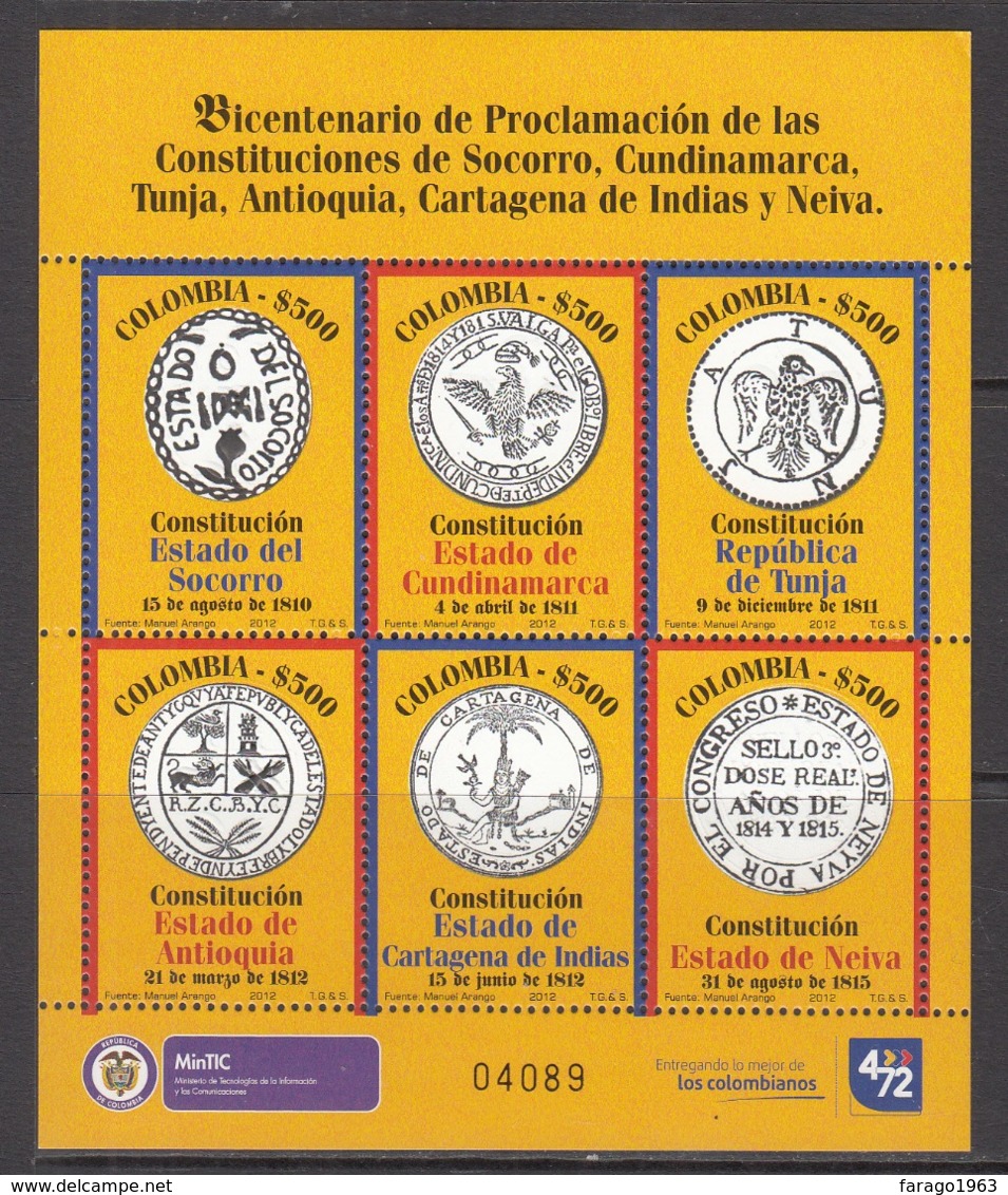 2012 Colombia State Constitutions Coats Of Arms  Souvenir Sheet MNH - Colombie