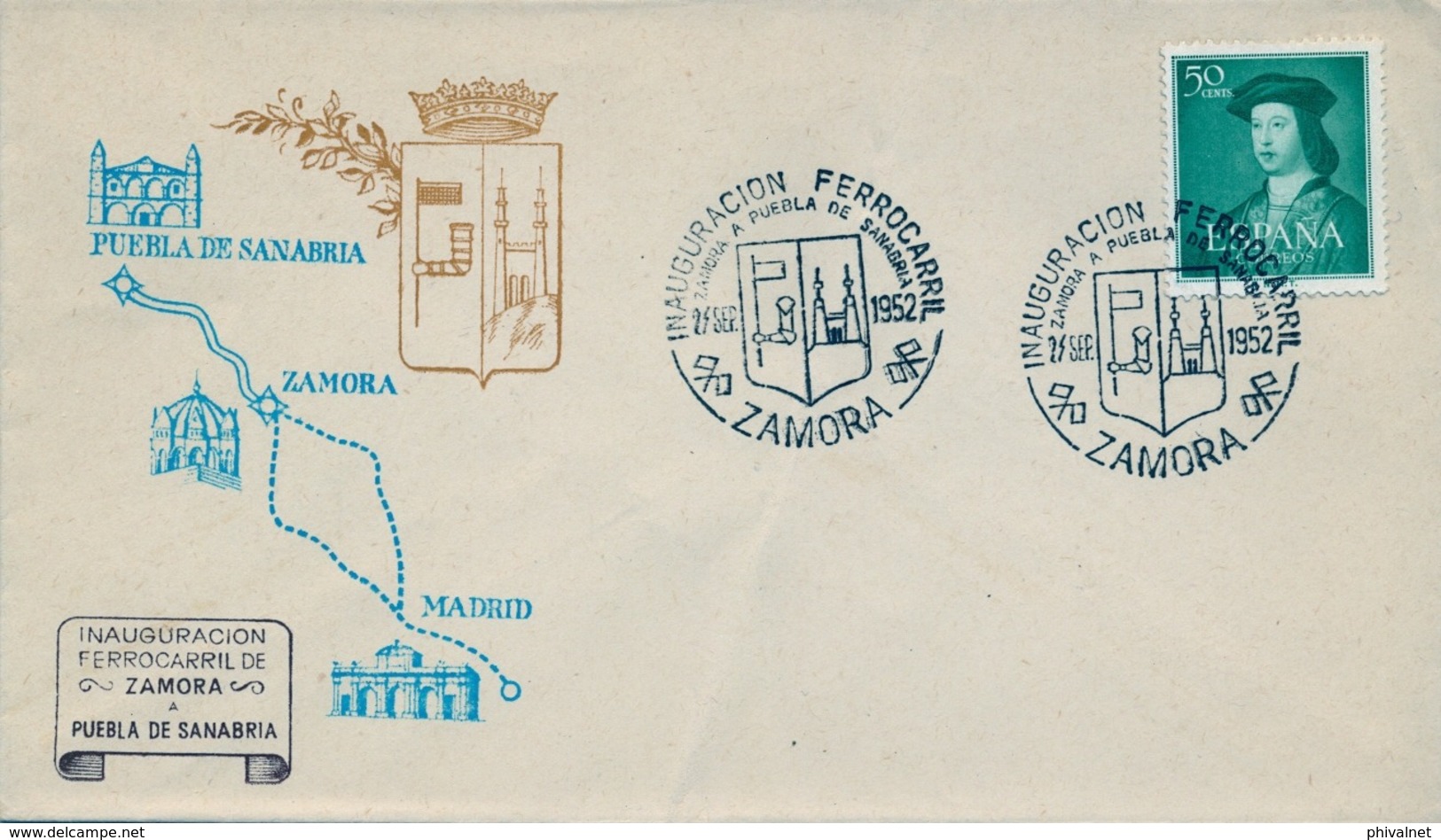 1952 , ZAMORA , INAUGURACIÓN FERROCARRIL SAMORA A PUEBLA DE SANABRIA , SOBRE CONMEMORATIVO - Cartas & Documentos