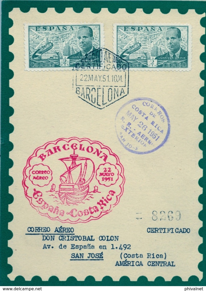 1951 , BARCELONA , CERTIFICADO A COSTA RICA , CORREO AÉREO , TRÁNSITOS Y LLEGADA , CORREO AÉREO - Cartas & Documentos