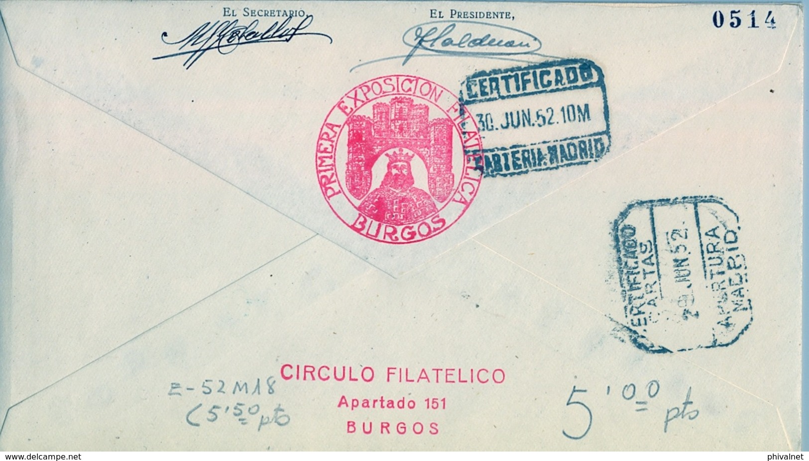 1952 , BURGOS , PRIMERA EXPOSICIÓN FILATÉLICA , SOBRE CONMEMORATIVO CIRCULADO , FIRMAS , LLEGADA - Cartas & Documentos