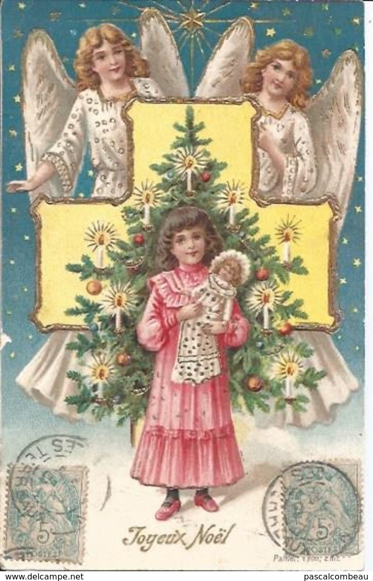 CPA JOYEUX NOEL - ANGES - SAPIN - ENFANT- POUPÉE - GAUFRÉE ET DORÉE - Other & Unclassified