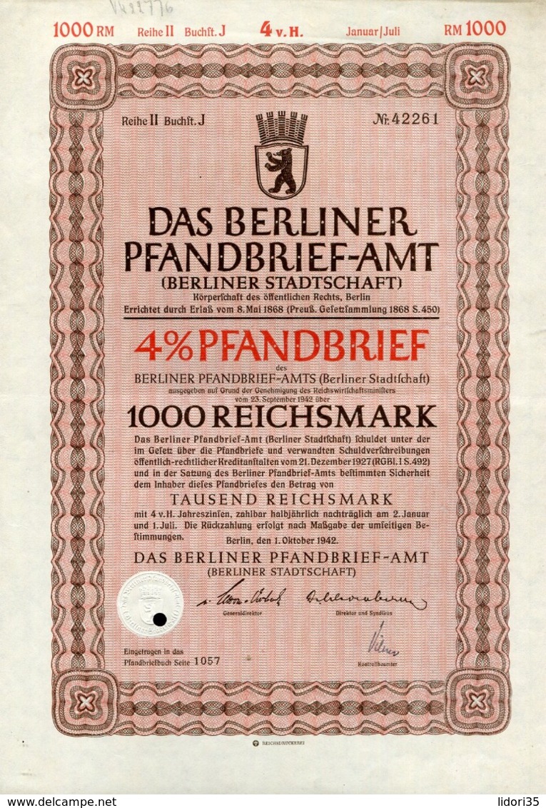 Pfandbrief / 1942 / Tausend Reichsmark, Berliner Pfandbrief-Amt (1049-30) - Bank & Versicherung