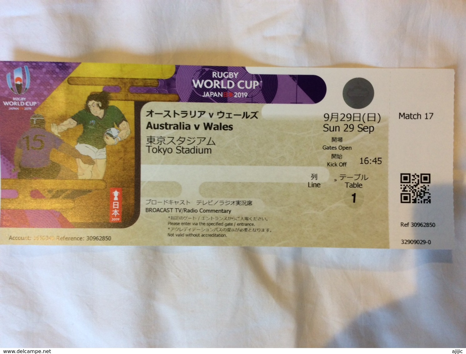 Rugby World Cup Japan 2019.Ticket Match Australia-Wales.29 Sept.Tokyo Stadium - Eintrittskarten