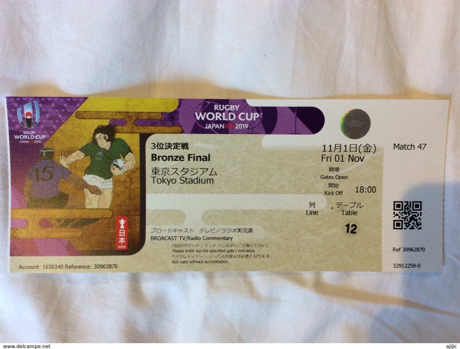 Rugby World Cup Japan 2019.Ticket Match BRONZE FINAL.New Zealand - Wales. Tokyo Stadium.1 Nov. - Rugby