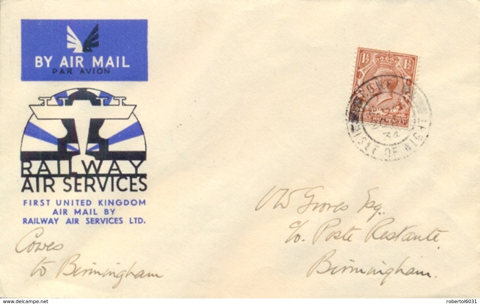 Great Britain 1934 Cover From Isle Of Wight To Birmingham By Railway Air Service With 1½ D. - Poststempel