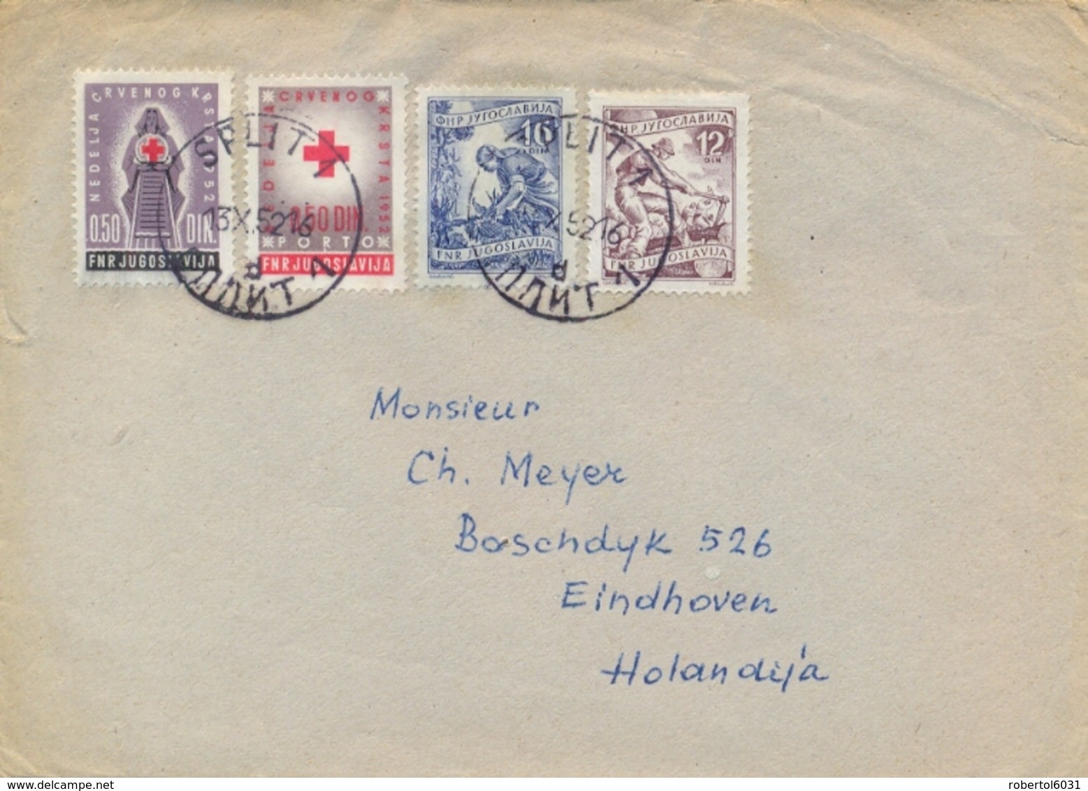 Yugoslavia 1952 Cover To Netherlands With 12 D. + 16 D. + Red Cross Tax Stamp 2 X 0,50 D. - Covers & Documents