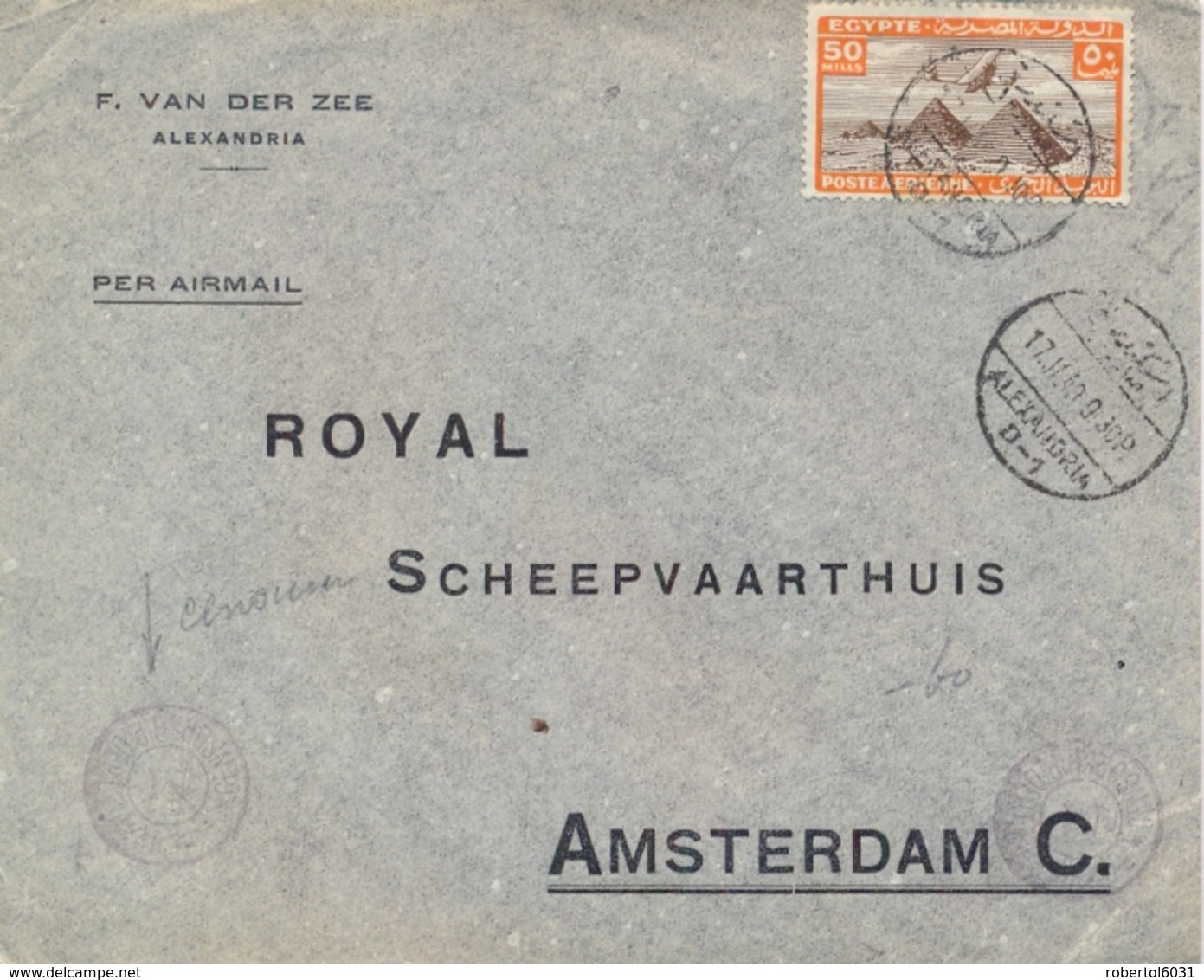 Egypt 1940 Airmail Cover To Netherlands With 50 M. Airmail Stamp Airplane On The Pyramids With Censorship Handstamp - Posta Aerea