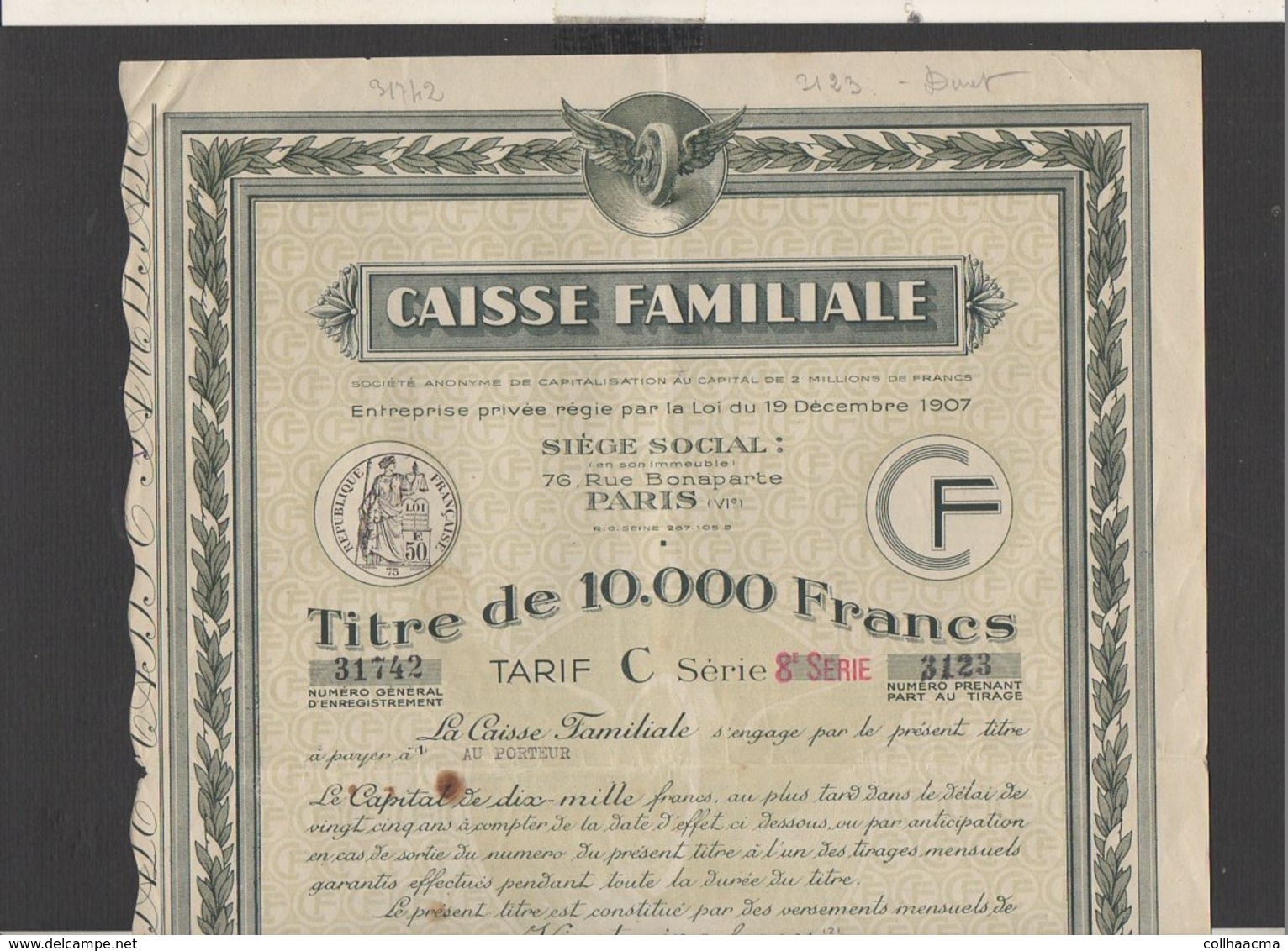 Action : Société  De Capitalisation " Caisse Familiale" Siège Social à Paris  Titre De 10.000 Francs 1938 + Courrier - Banca & Assicurazione