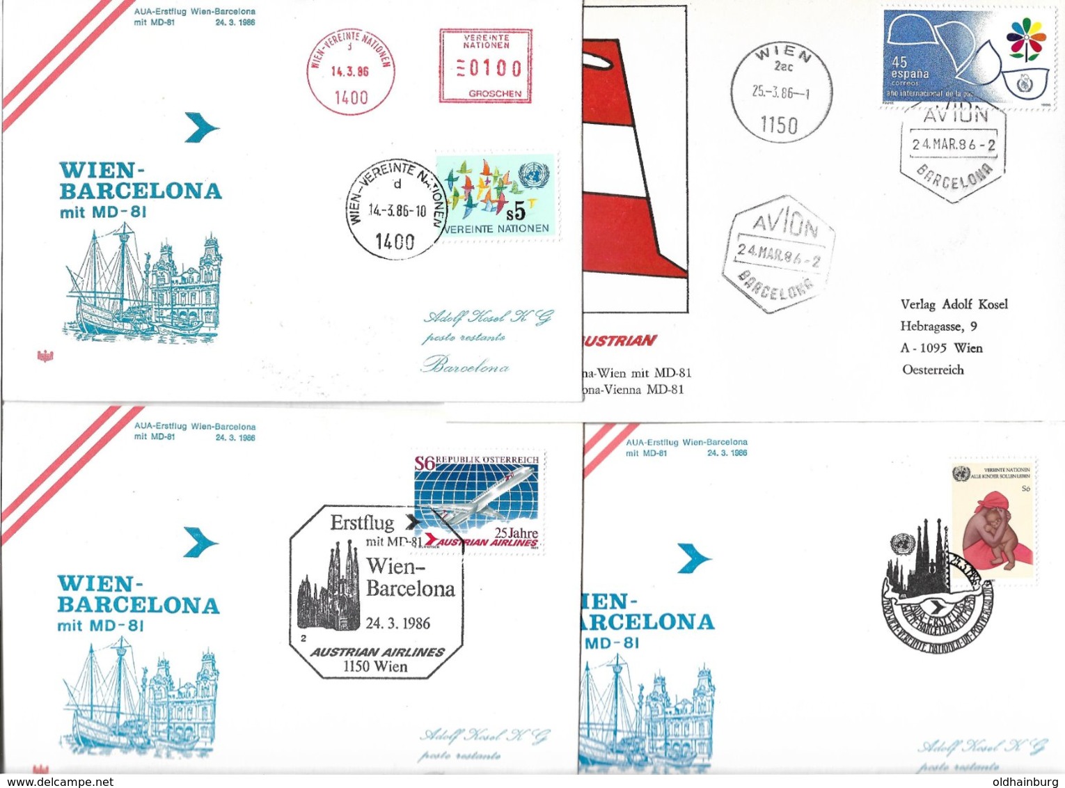 1617b: 4 Belege Flugpost Wien- Barcelona Aus 1986 - Cartas & Documentos