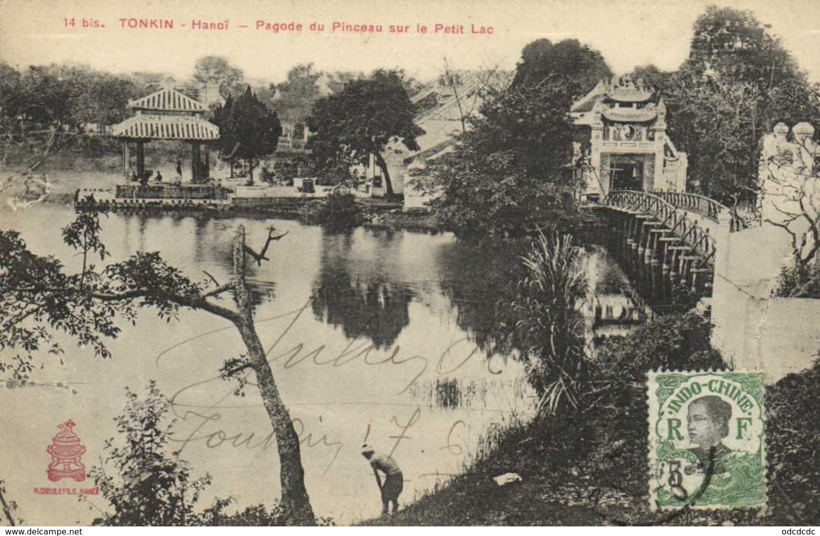 TONKIN Hanoi Pagode Du Pinceau Sur Le Petit Lac    + Beau Timbre 3c  Indochine RV - Viêt-Nam