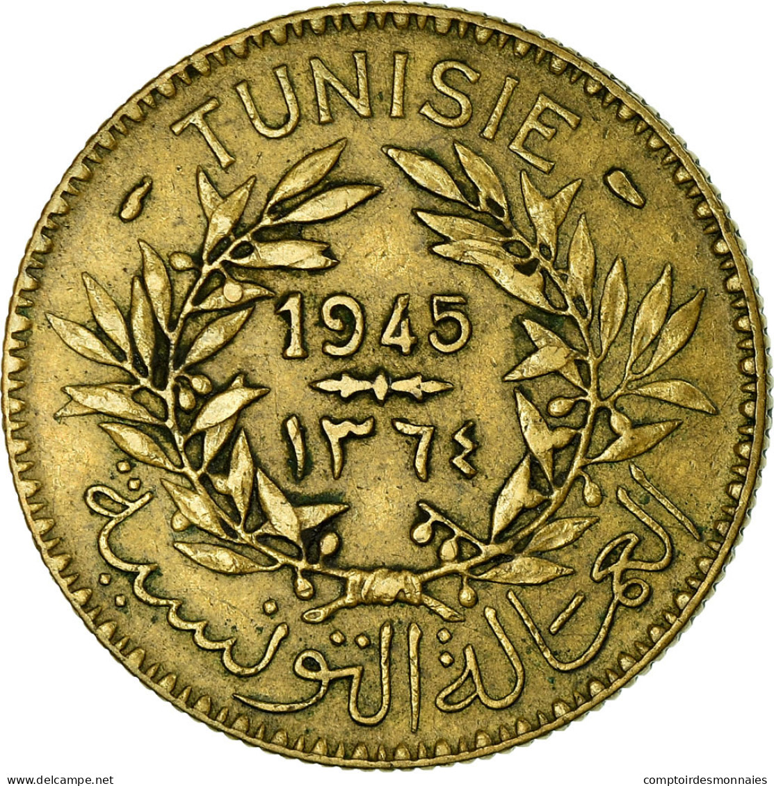 Monnaie, Tunisie, Anonymes, 2 Francs, AH 1364/1945, Paris, TTB, Aluminum-Bronze - Tunisia